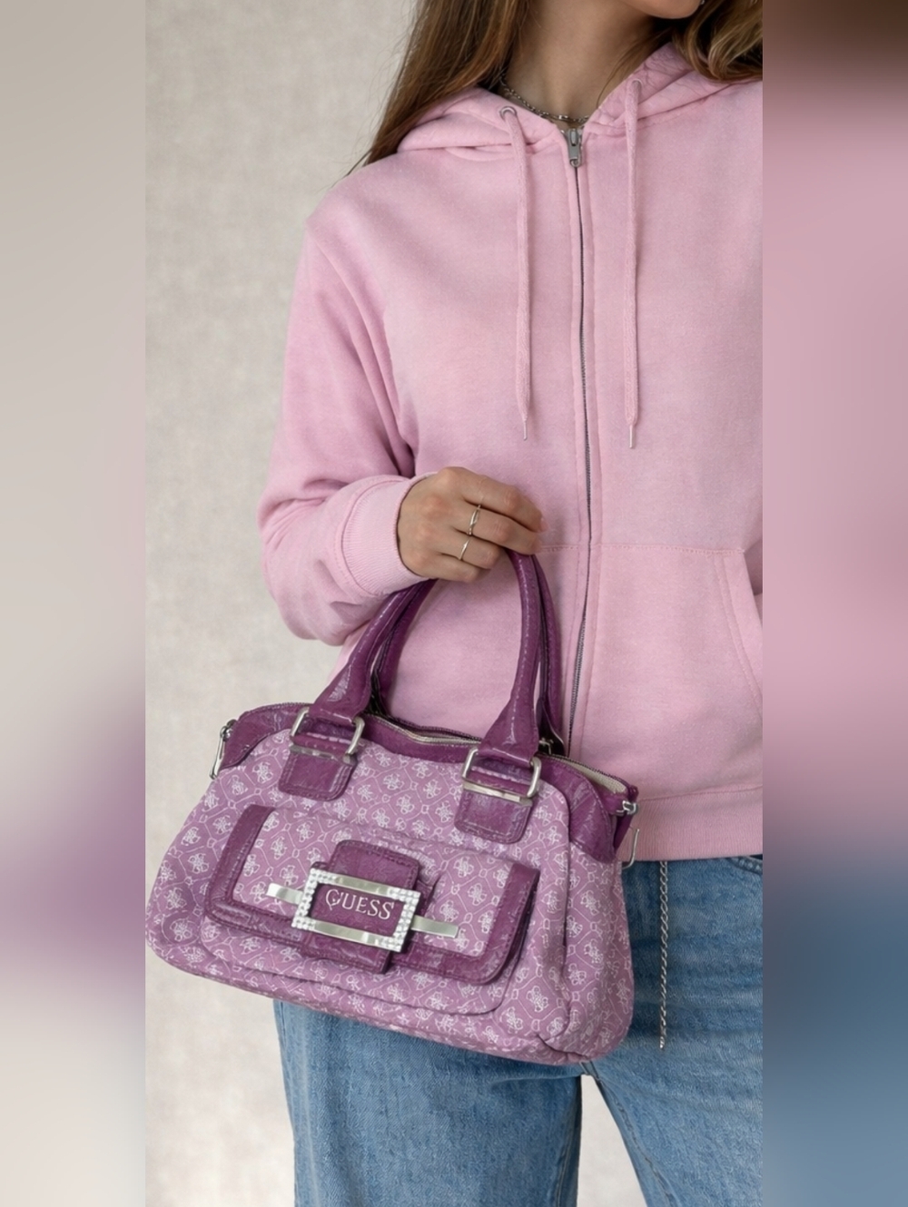 💜 Vintage GUESS Y2K Monogram Bag Purple Satchel Retro Shoulder Purse💜